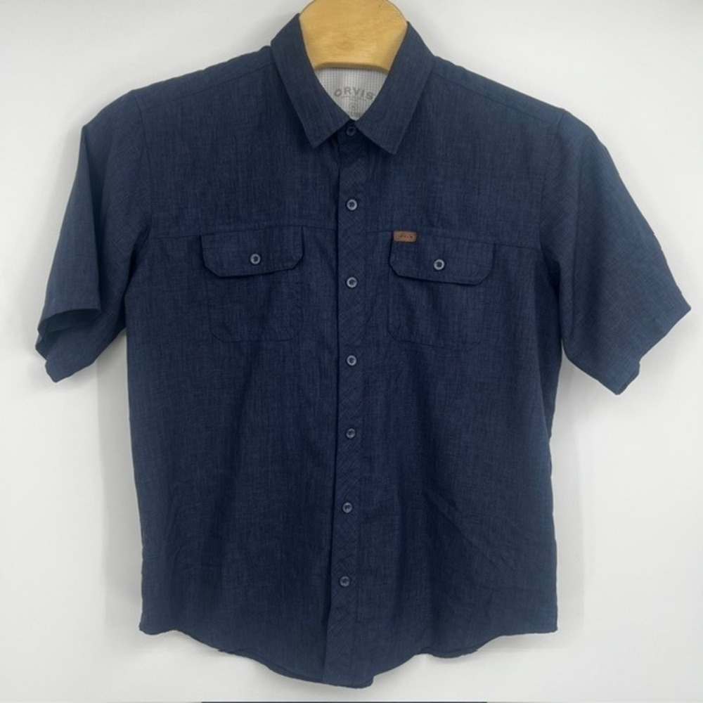 Orvis Men's XL Short Sleeve Button Down Shirt Navy Blue Textured Outdoor